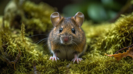 Cute little mouse on the floor of a mossy green forest