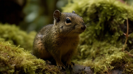 Naklejka na ściany i meble Cute little squirrel in a mossy green forest