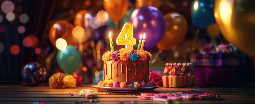 Number 4 Candle On A Forth Year Birthday Or Anniversary Cake Celebration With Balloons And Party Decoration As Banner With Copy Space Area - Generative AI