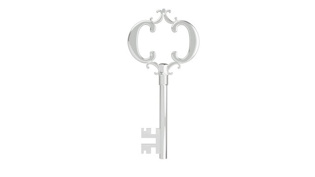 Silver antique key isolated on white and transparent background. Key concept. 3D render