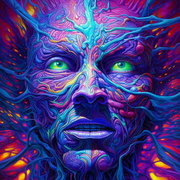 Psychedelic  portrait DMT visual imagery, colorful trippy abstract mystical art, on hallucinogenic lsd. Concept of shamanism and spiritual experience. Ai generated