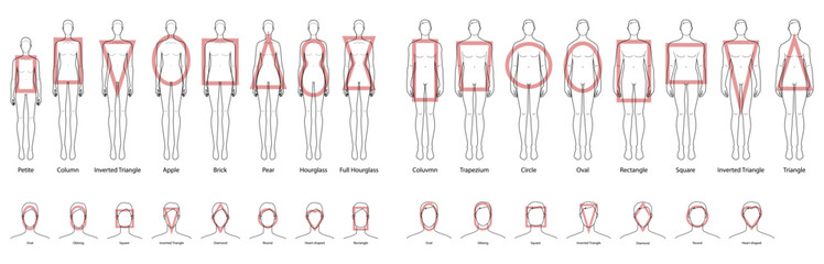 Set of Women Men faces and body shape types - oval, oblong, square, diamond, round, heart and rectangle. Male, Female Vector illustration style figure front view. Vector outline boy and girl fashion