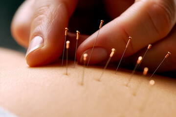 Acupuncture treatment - thin needles on person back skin, closeup detail. Generative AI - obrazy, fototapety, plakaty