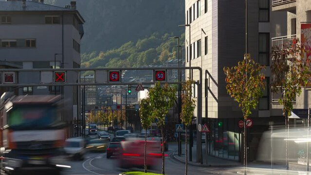 sunny evening andorra la vella city center traffic street panorama 4k timelapse andorra