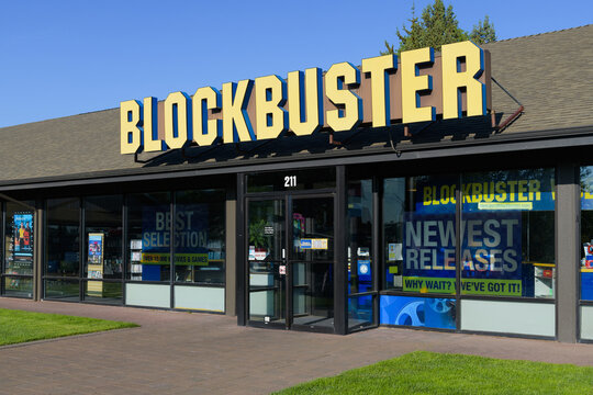 Bend, OR, USA - June 16, 2023; Facade and sign on last Blockbuster location