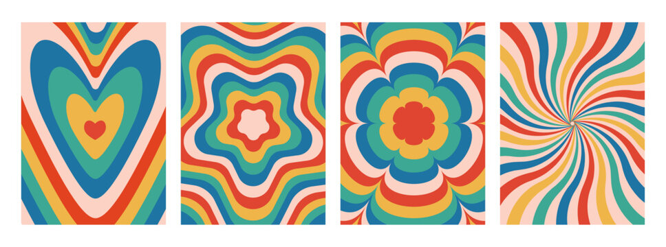 Groovy poster 70s with waves of rays, flowers, geometric shapes of hexagon and stars, bright psychedelic patterns. Vector Set of abstract backgrounds 