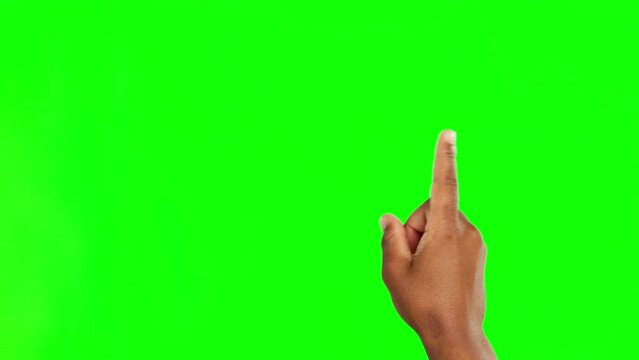 Isolated hand, swipe and click with green screen for choice, search or zoom with user experience on interface. Finger, typing or click for selection, dashboard or display system for internet mockup