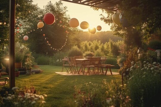 Atmospheric shot of a garden birthday party at sunset. Generative AI