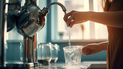 A woman pouring water from water dispenser