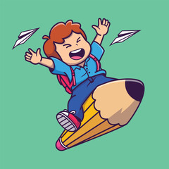 Cute boy flying with pencil