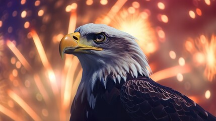 Eagle With American Flag Flies In Freedom At Sunset