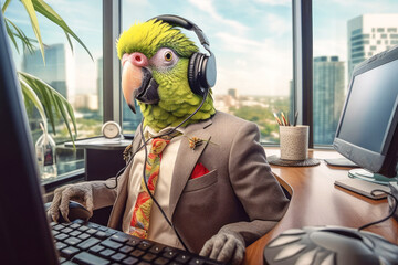 A parrot in a business suit with headphones working at a computer. Telemarketing concept