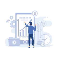 Characters investing money in stock market. latest stock market news and other data. People analyzing financial graphs, flat vector modern illustration