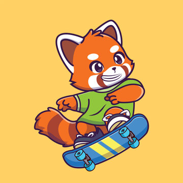Cute red panda playing skateboard vector illustration