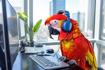 A macaw parrot working at a computer in the office. The concept of working in a call center