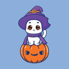 Cute witch cat sitting on pumpkin halloween illustration