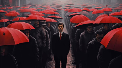Lone man standing in a crowd of red umbrellas