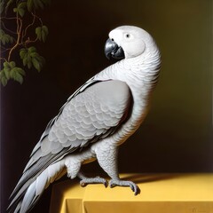 Obraz premium African grey parrot perched on a yellow table, generative AI.