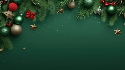 Christmas banner with blank space for text, green background, gift boxes, fir tree branches, red ornaments.