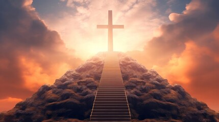 Stairway to heaven made of clouds at sunrise, the sun is shining behind a big glowing christian cross.