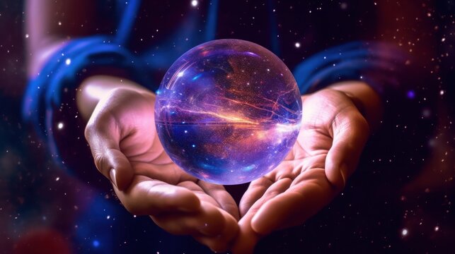Magic crystal ball in a hands on shining stars background.