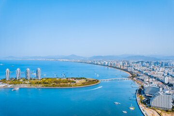 Sanya Bay coastline and Phoenix Island skyline, Sanya, Hainan, China