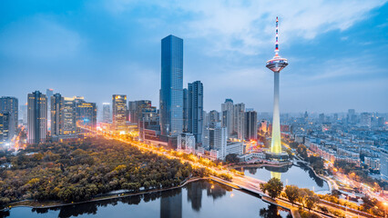 High angle view night view of city CBD in Shenyang Color TV Tower, Liaoning, China - obrazy, fototapety, plakaty