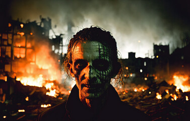 Fototapeta premium Creepy zombie on the background of a burning city. Zombies during the apocalypse. Generative AI.