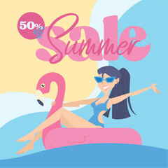 Summer sale discount poster with girl on a flamingo lifesaver Vector illustration