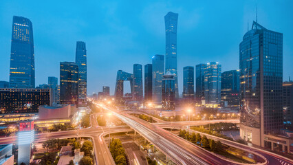 Fototapeta na wymiar High angle view night of Guomao Overpass and CBD buildings complex in Beijing, China