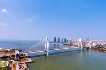 High angle view skyline of Haidian River Century Bridge in Haikou, Hainan, China