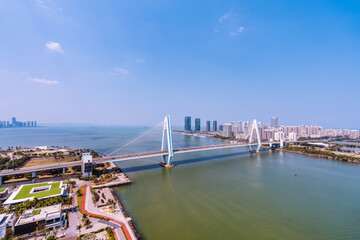 High angle view skyline of Haidian River Century Bridge in Haikou, Hainan, China