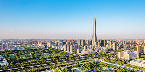 Aerial shot of the skyline of Chow Tai Fook Finance Center in Binhai New Area, Tianjin, China