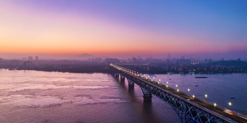 Aerial night view of Yangtze River Bridge in Nanjing, Jiangsu, China