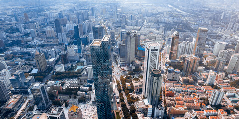 Aerial photography of Xinjiekou city skyline at Deji Plaza, Nanjing, Jiangsu, China