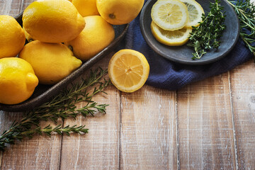 Fresh Lemons 1 for stock with negative space on wooden background