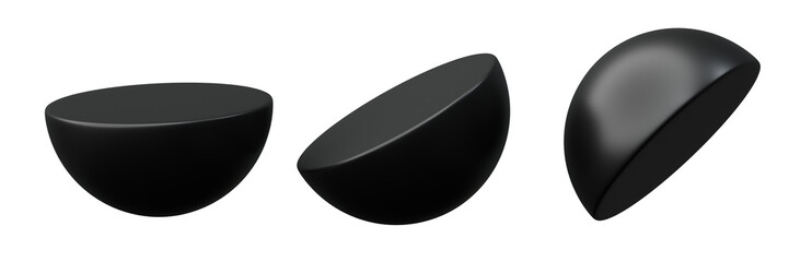 3d Geometry shape Half Sphere or Ball Black Metallic Color, realistic rendering element design