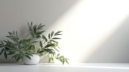 Minimalistic light background with plants on a white wall. Beautiful background for presentation with a smooth floor.