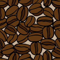 Brown hand drawn vector illustration of group of coffee beans. Seamless pattern