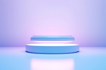 Beautiful Futuristic white podium with blue and purple neon for product presentation. 