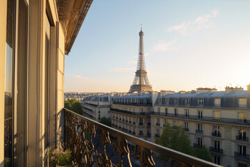 View of Eiffel Tower from a balcony - obrazy, fototapety, plakaty