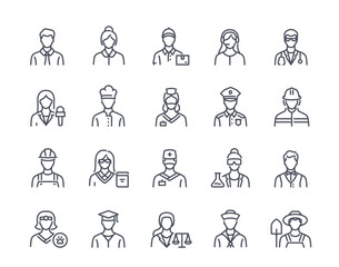 Outline icons set. Avatars of workers, doctor, farmer, student, veterinarian, journalist and builder. Portraits of employees in line art. Linear flat vector collection isolated on white background