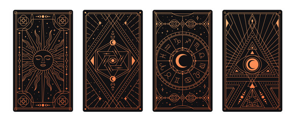 Esoteric tarot card set. Magic poster for divination and prediction of fate. Geometric sacred print with astrology and destiny. Occult mystical symbol and natal chart. Cartoon flat vector illustration - obrazy, fototapety, plakaty