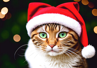 Cat wearing santa claus hat on christmas background. Generative AI