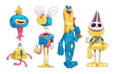 Cute monsters set. Stylized creatures in contemporary style for games, books and comics. Funny smiling characters or aliens with wings, horns and fur. Cartoon flat vector isolated on white background