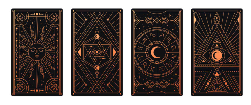Esoteric tarot card set. Magic poster for divination and prediction of fate. Geometric sacred print with astrology and destiny. Occult mystical symbol and natal chart. Cartoon flat vector illustration