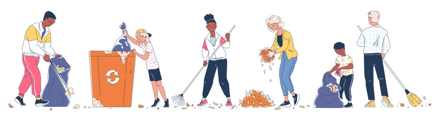 People collect garbage set. Volunteer characters picking up litter, sweeping, sorting plastic into trash containers. Adults and children clean nature. Linear flat vector isolated on white background