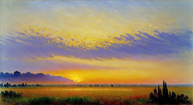 a painting of a sunset over a field, generative AI.