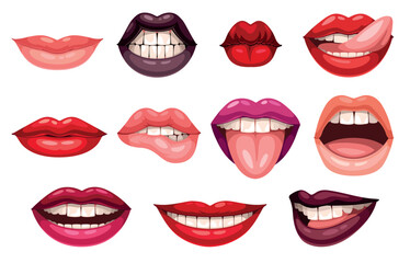 Painted lips set. Woman mouth with red lipstick in different emotions smiles, kisses, bites and licks lip with her tongue. Cartoon realistic flat vector collection isolated on white background - obrazy, fototapety, plakaty