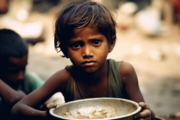 Hungry, starving, poor little child looking at the camera - obrazy, fototapety, plakaty
